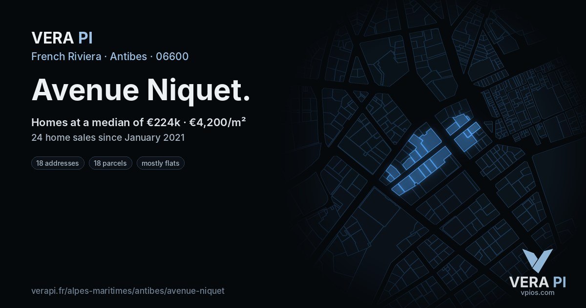 Avenue Niquet, Antibes at night – every parcel coloured by the prices around it, the street's own parcels lit