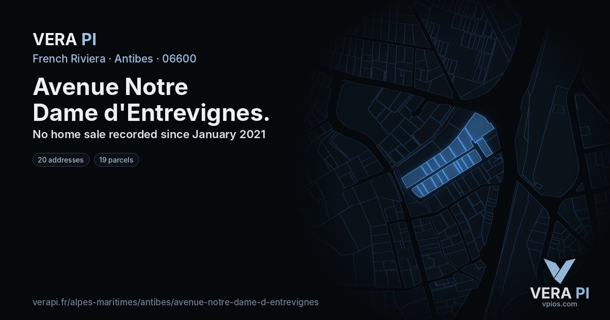 Avenue Notre Dame d'Entrevignes, Antibes at night – every parcel coloured by the prices around it, the street's own parcels lit