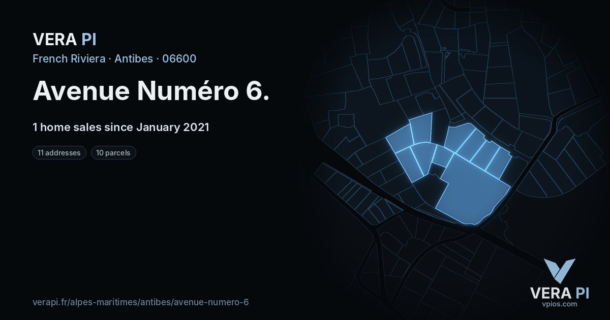 Avenue Numéro 6, Antibes at night – every parcel coloured by the prices around it, the street's own parcels lit