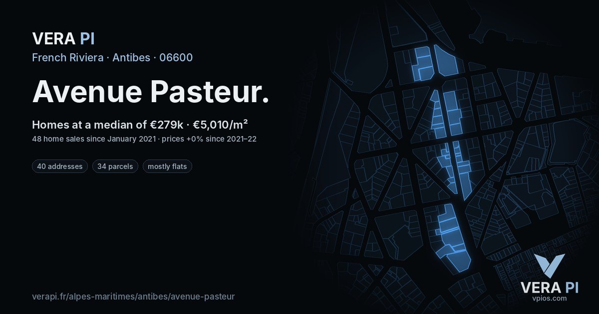 Avenue Pasteur, Antibes at night – every parcel coloured by the prices around it, the street's own parcels lit