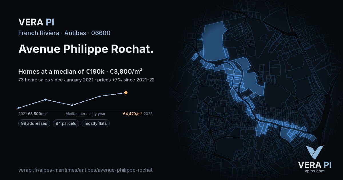 Avenue Philippe Rochat, Antibes at night – every parcel coloured by the prices around it, the street's own parcels lit