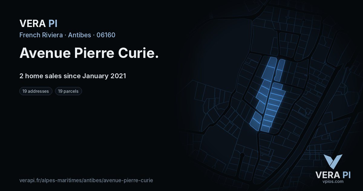 Avenue Pierre Curie, Antibes at night – every parcel coloured by the prices around it, the street's own parcels lit