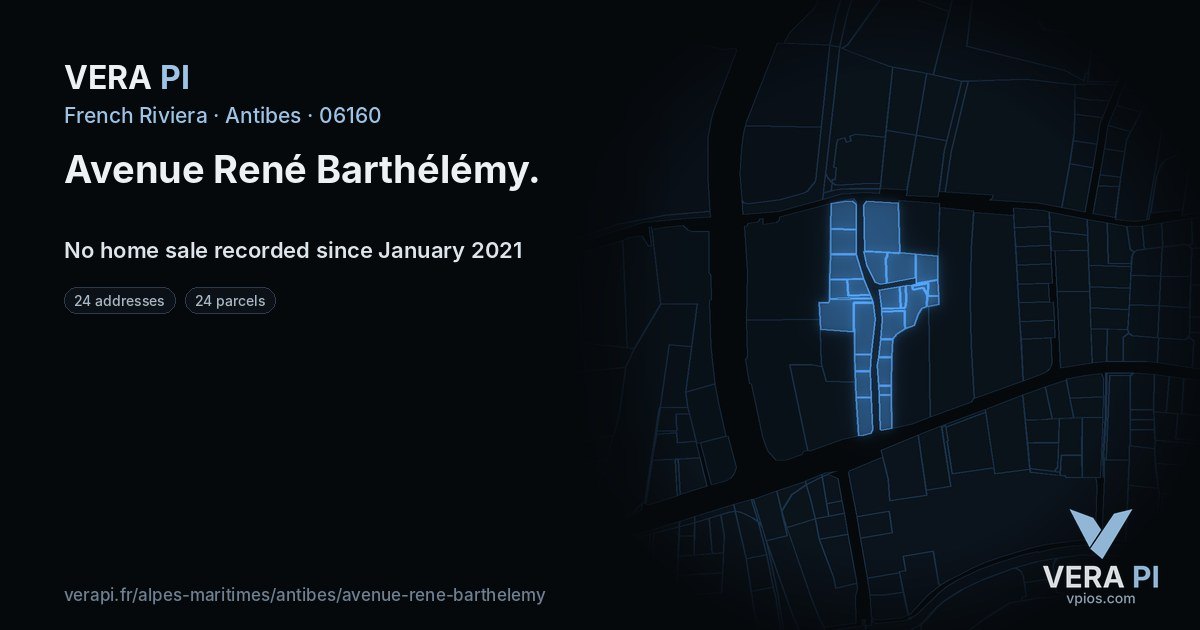 Avenue René Barthélémy, Antibes at night – every parcel coloured by the prices around it, the street's own parcels lit