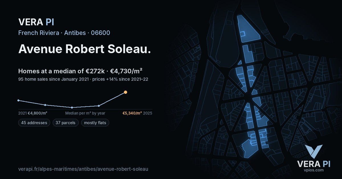 Avenue Robert Soleau, Antibes at night – every parcel coloured by the prices around it, the street's own parcels lit