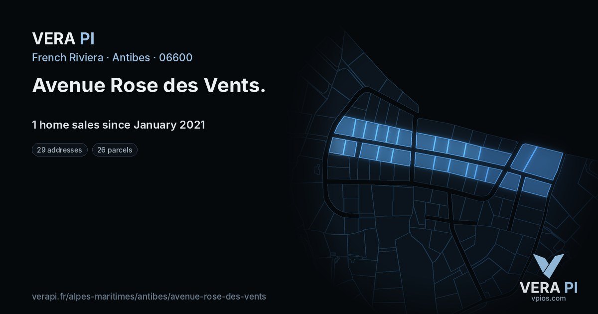 Avenue Rose des Vents, Antibes at night – every parcel coloured by the prices around it, the street's own parcels lit