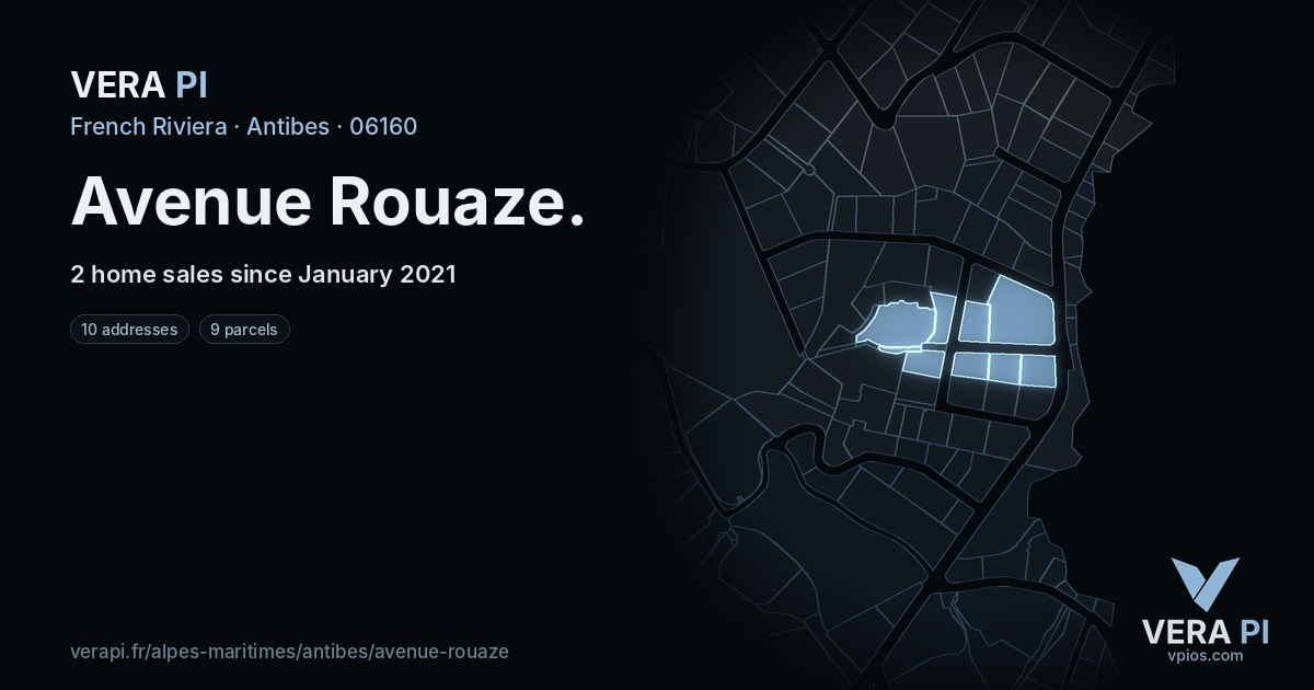 Avenue Rouaze, Antibes at night – every parcel coloured by the prices around it, the street's own parcels lit