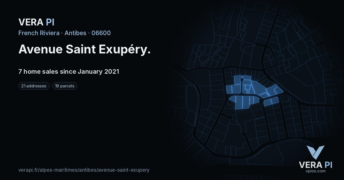 Avenue Saint Exupéry, Antibes at night – every parcel coloured by the prices around it, the street's own parcels lit
