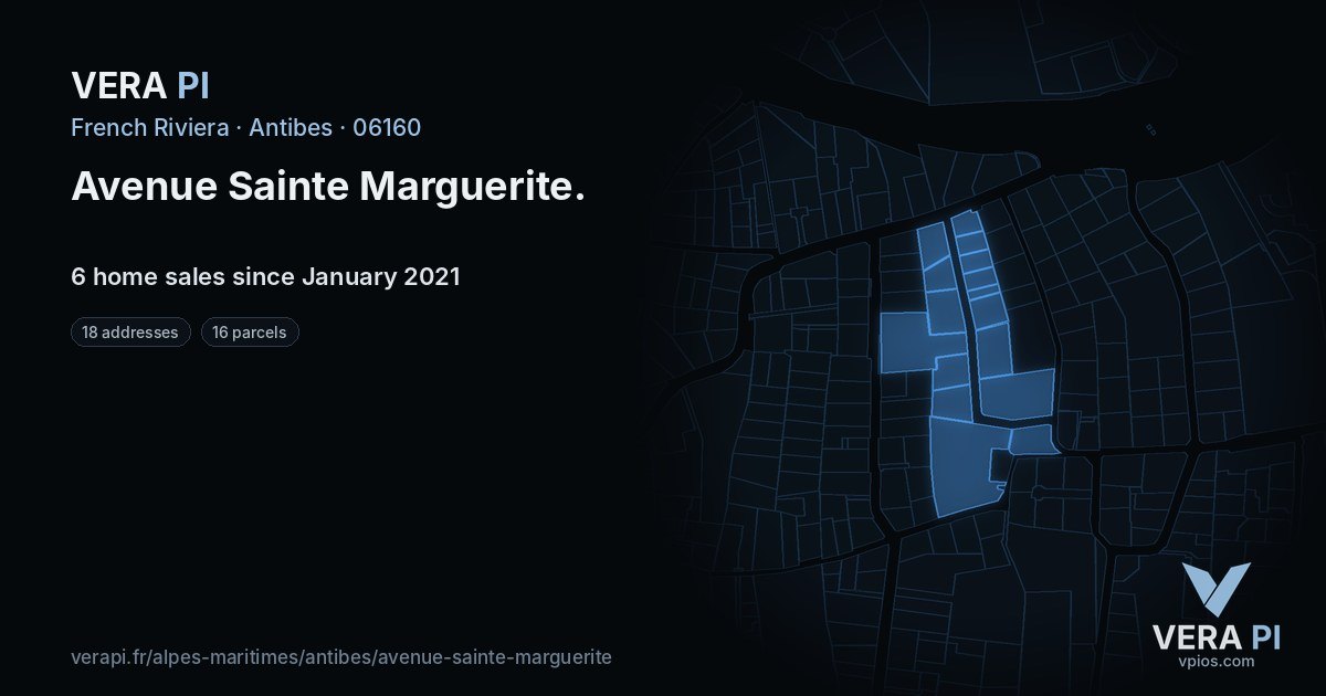 Avenue Sainte Marguerite, Antibes at night – every parcel coloured by the prices around it, the street's own parcels lit