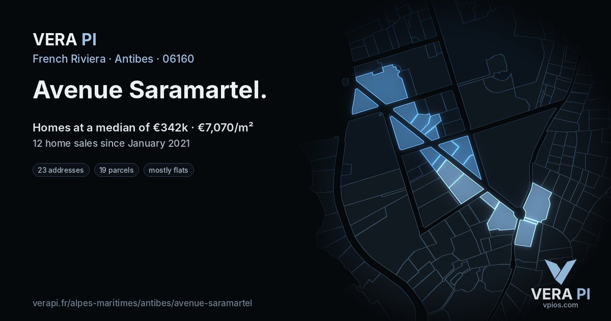Avenue Saramartel, Antibes at night – every parcel coloured by the prices around it, the street's own parcels lit