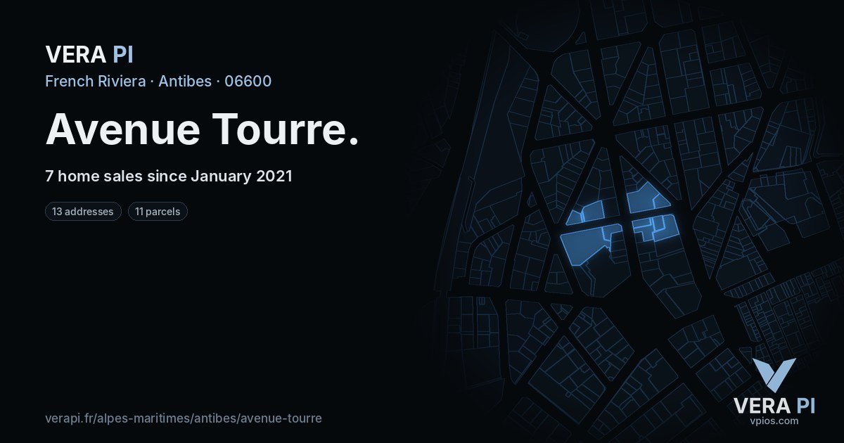 Avenue Tourre, Antibes at night – every parcel coloured by the prices around it, the street's own parcels lit