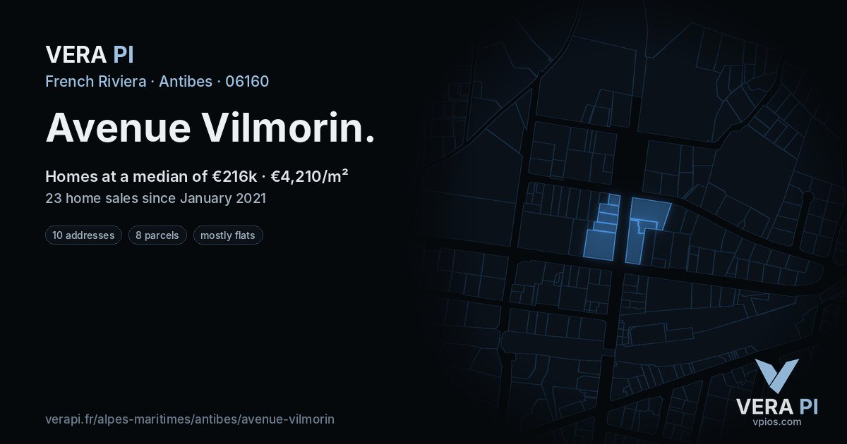 Avenue Vilmorin, Antibes at night – every parcel coloured by the prices around it, the street's own parcels lit