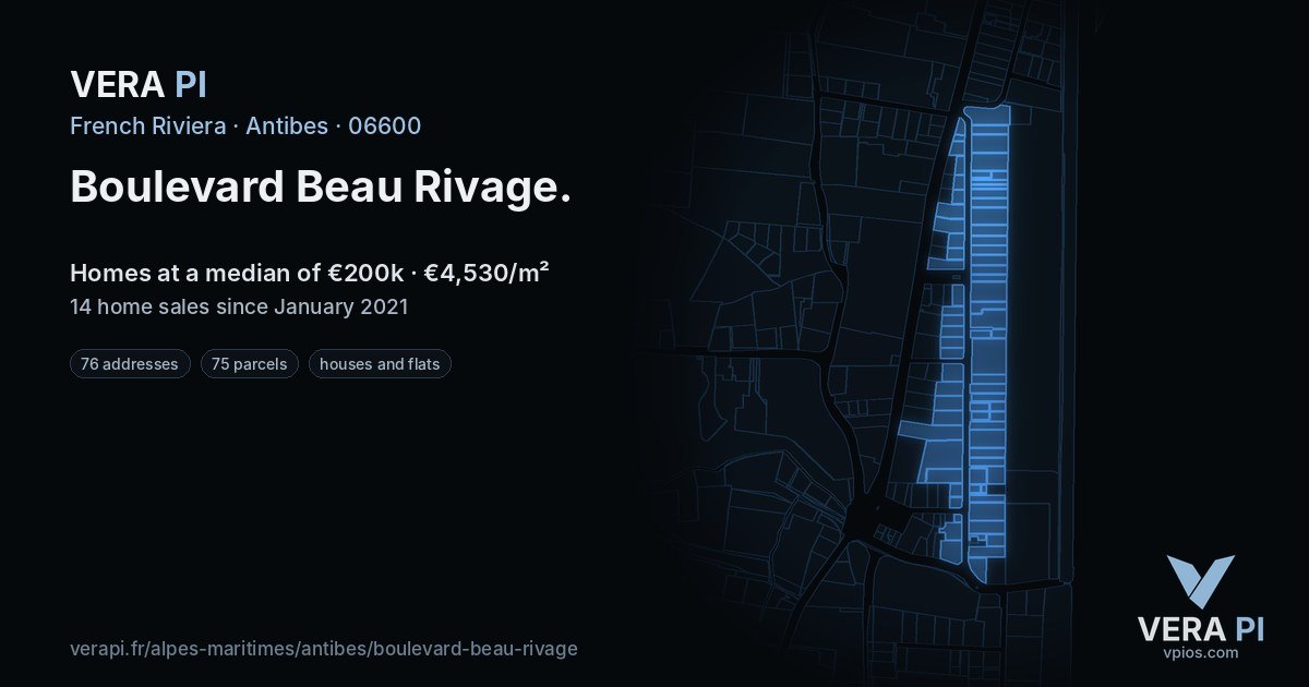 Boulevard Beau Rivage, Antibes at night – every parcel coloured by the prices around it, the street's own parcels lit