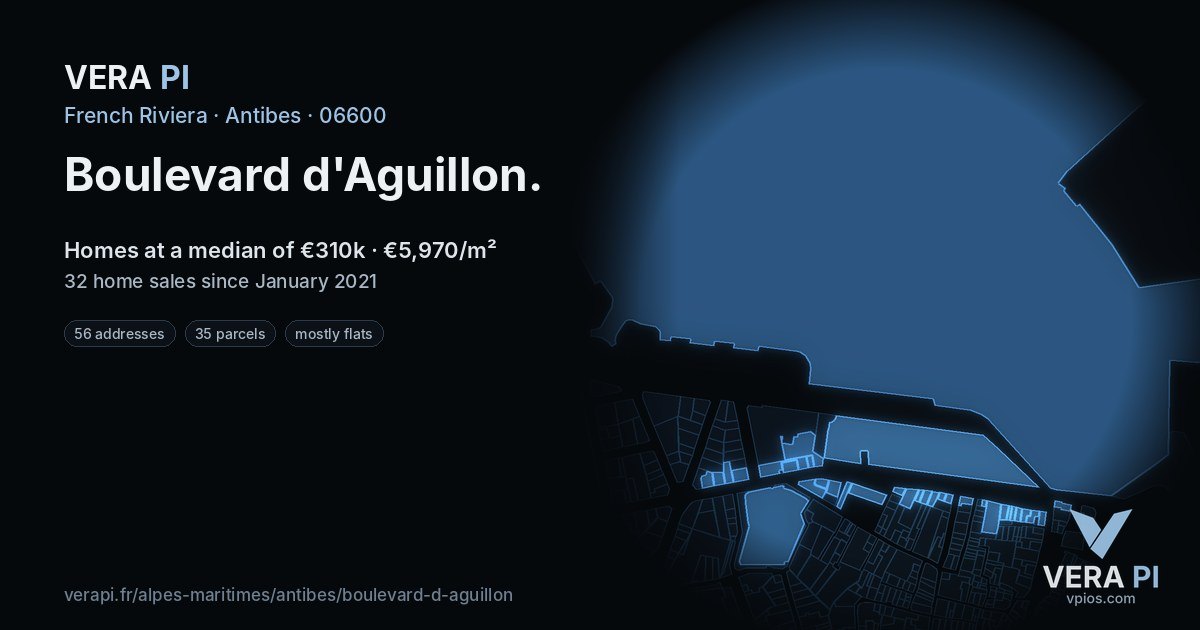 Boulevard d'Aguillon, Antibes at night – every parcel coloured by the prices around it, the street's own parcels lit