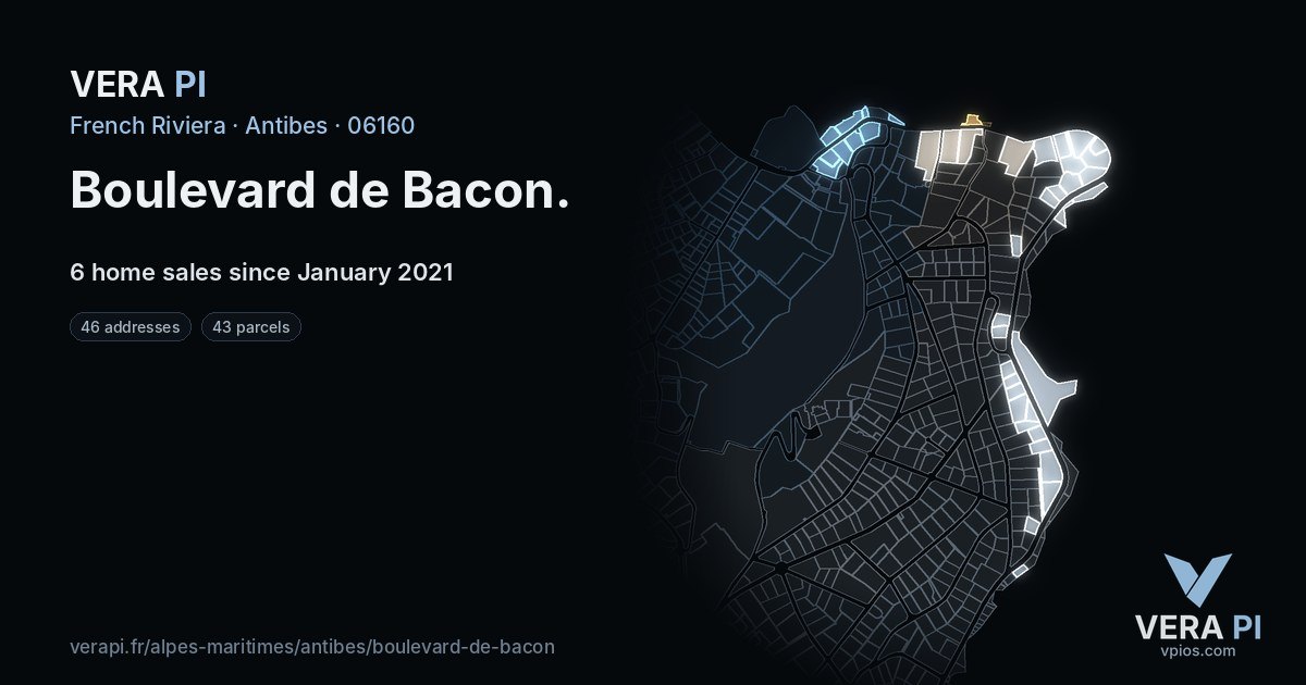 Boulevard de Bacon, Antibes at night – every parcel coloured by the prices around it, the street's own parcels lit