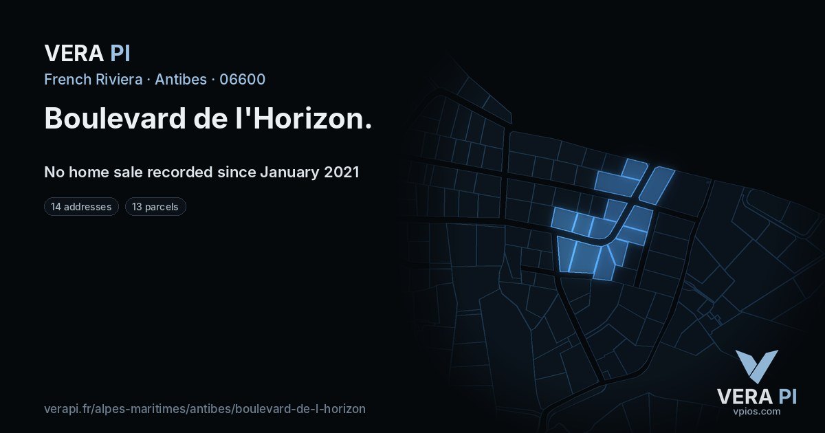 Boulevard de l'Horizon, Antibes at night – every parcel coloured by the prices around it, the street's own parcels lit