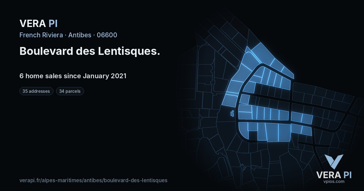 Boulevard des Lentisques, Antibes at night – every parcel coloured by the prices around it, the street's own parcels lit