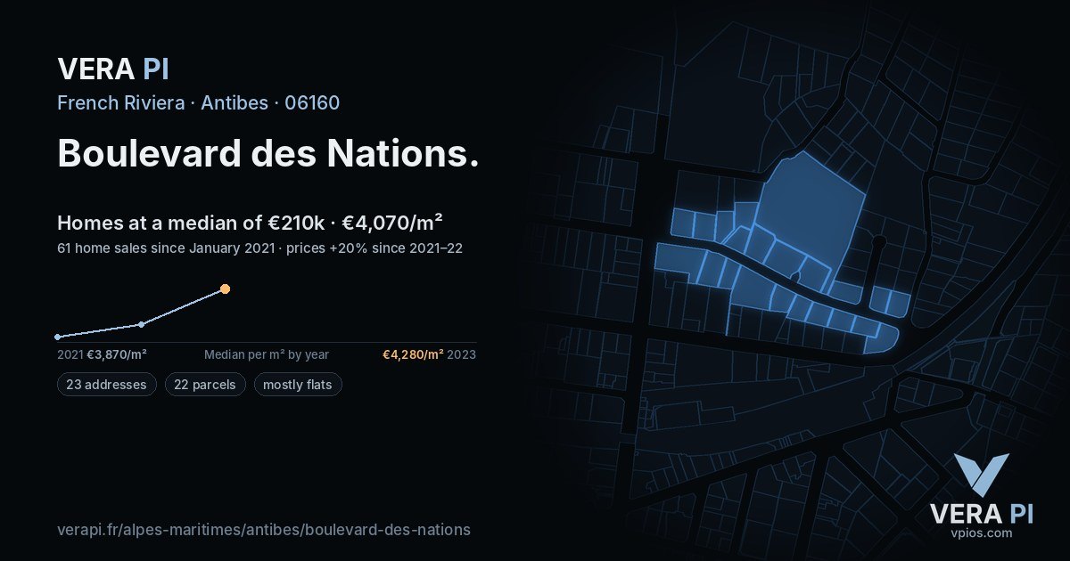 Boulevard des Nations, Antibes at night – every parcel coloured by the prices around it, the street's own parcels lit