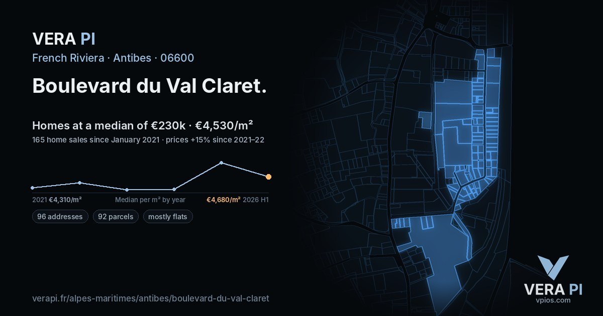 Boulevard du Val Claret, Antibes at night – every parcel coloured by the prices around it, the street's own parcels lit