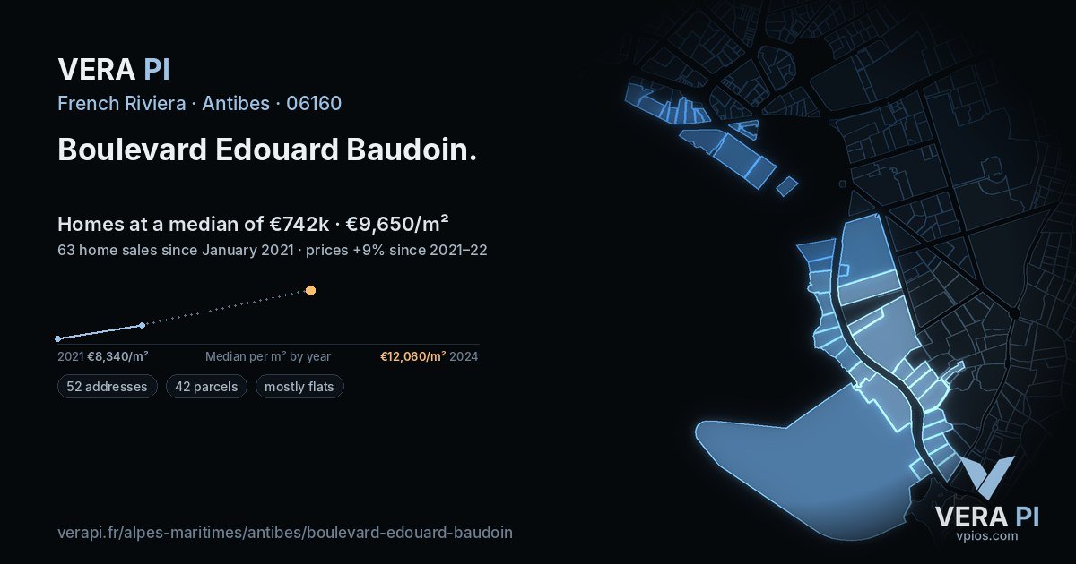 Boulevard Edouard Baudoin, Antibes at night – every parcel coloured by the prices around it, the street's own parcels lit