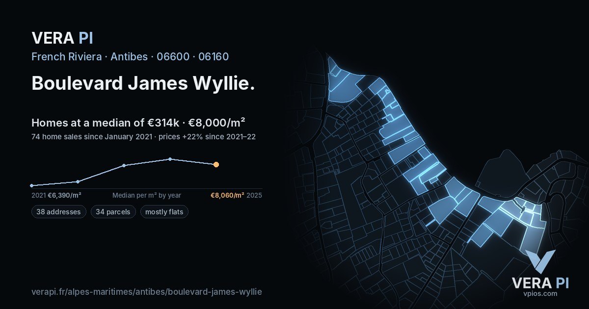 Boulevard James Wyllie, Antibes at night – every parcel coloured by the prices around it, the street's own parcels lit