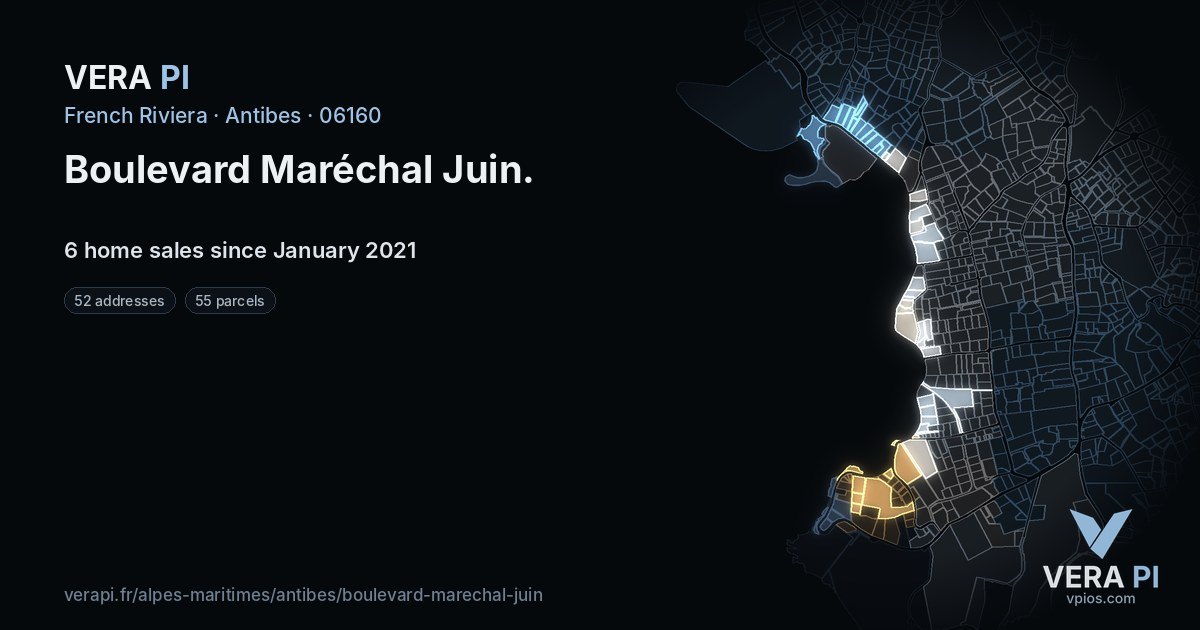 Boulevard Maréchal Juin, Antibes at night – every parcel coloured by the prices around it, the street's own parcels lit