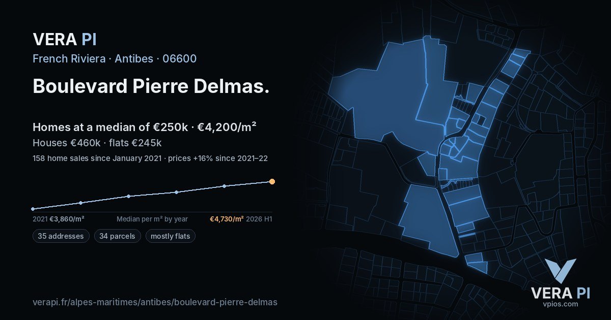 Boulevard Pierre Delmas, Antibes at night – every parcel coloured by the prices around it, the street's own parcels lit