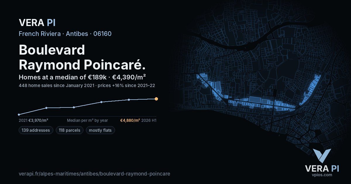 Boulevard Raymond Poincaré, Antibes at night – every parcel coloured by the prices around it, the street's own parcels lit