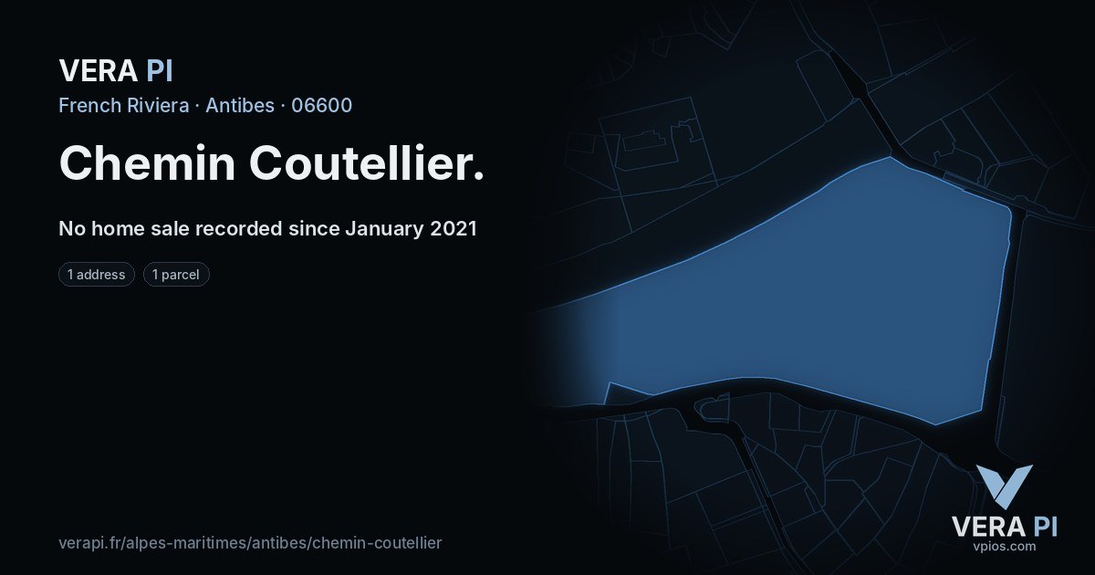 Chemin Coutellier, Antibes at night – every parcel coloured by the prices around it, the street's own parcels lit