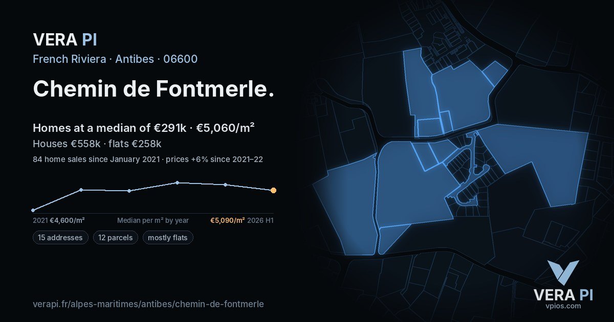 Chemin de Fontmerle, Antibes at night – every parcel coloured by the prices around it, the street's own parcels lit