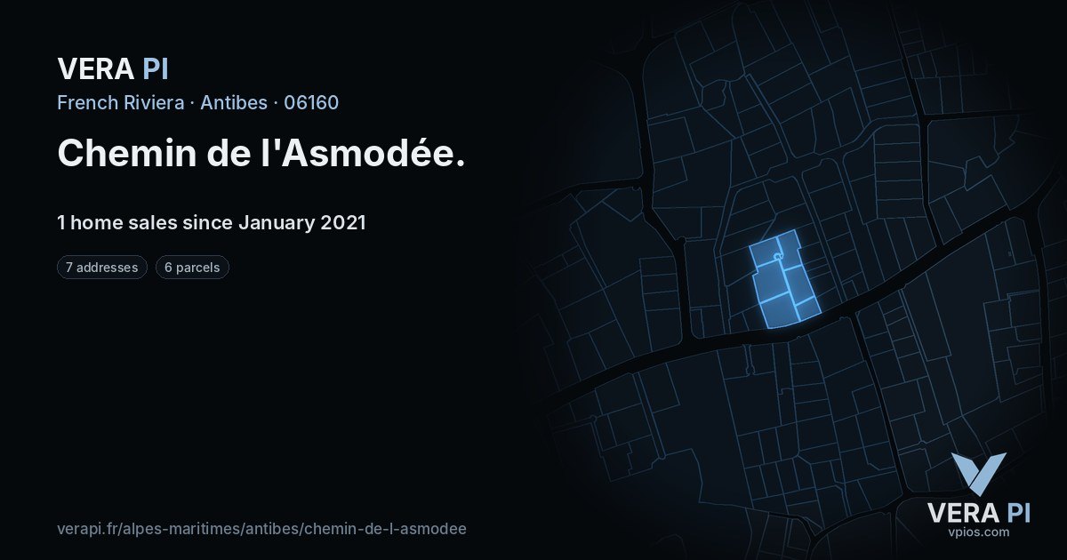 Chemin de l'Asmodée, Antibes at night – every parcel coloured by the prices around it, the street's own parcels lit