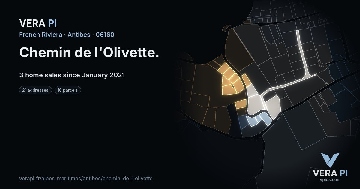 Chemin de l'Olivette, Antibes at night – every parcel coloured by the prices around it, the street's own parcels lit