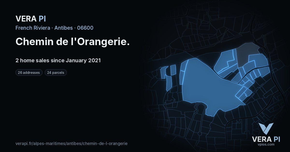 Chemin de l'Orangerie, Antibes at night – every parcel coloured by the prices around it, the street's own parcels lit