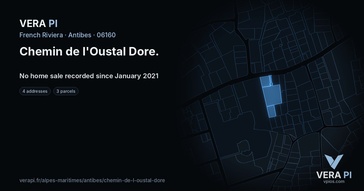 Chemin de l'Oustal Dore, Antibes at night – every parcel coloured by the prices around it, the street's own parcels lit