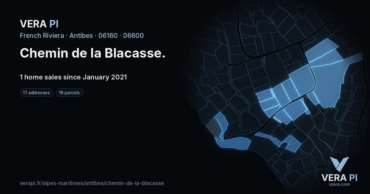 Chemin de la Blacasse, Antibes at night – every parcel coloured by the prices around it, the street's own parcels lit