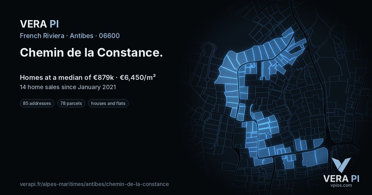 Chemin de la Constance, Antibes at night – every parcel coloured by the prices around it, the street's own parcels lit