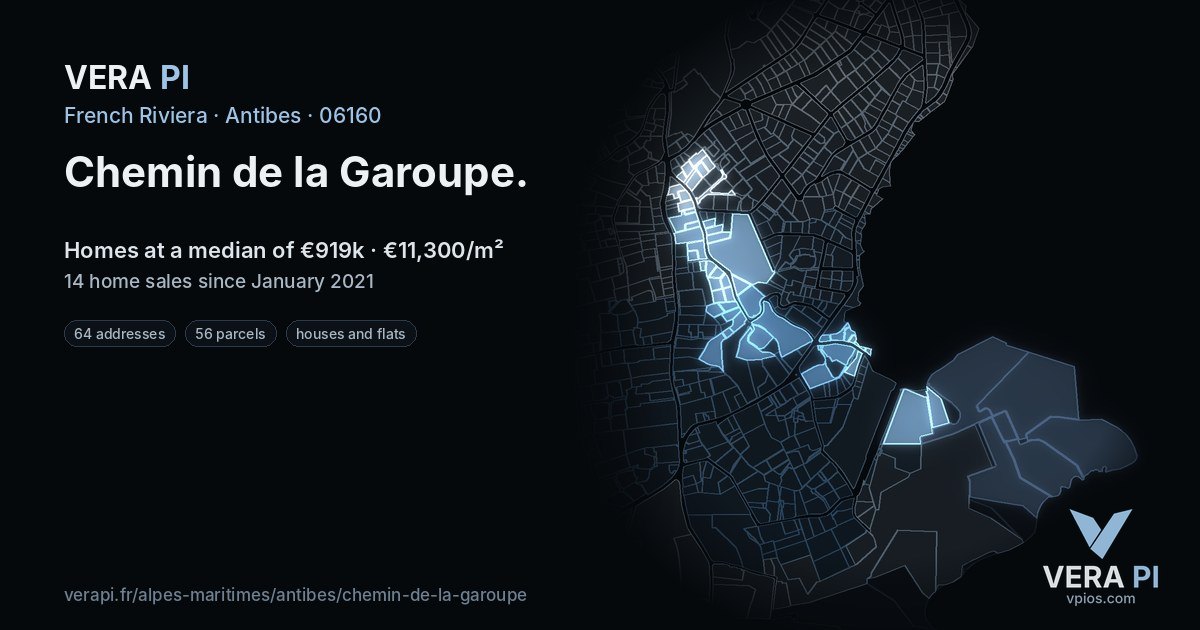 Chemin de la Garoupe, Antibes at night – every parcel coloured by the prices around it, the street's own parcels lit