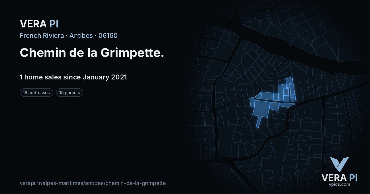 Chemin de la Grimpette, Antibes at night – every parcel coloured by the prices around it, the street's own parcels lit
