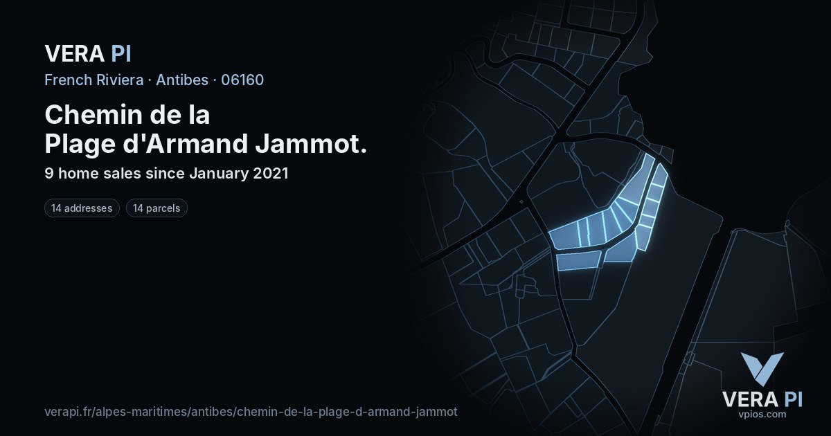 Chemin de la Plage d'Armand Jammot, Antibes at night – every parcel coloured by the prices around it, the street's own parcels lit
