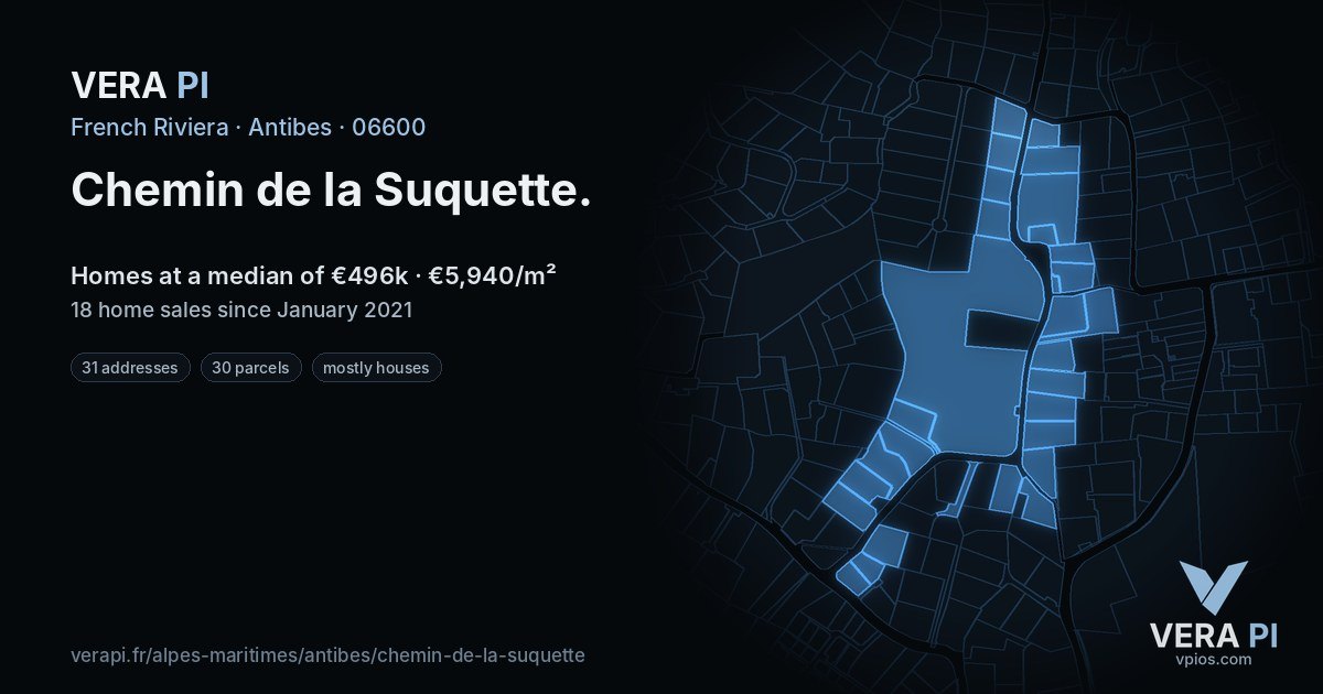 Chemin de la Suquette, Antibes at night – every parcel coloured by the prices around it, the street's own parcels lit