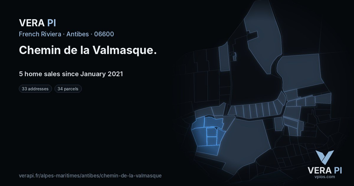 Chemin de la Valmasque, Antibes at night – every parcel coloured by the prices around it, the street's own parcels lit