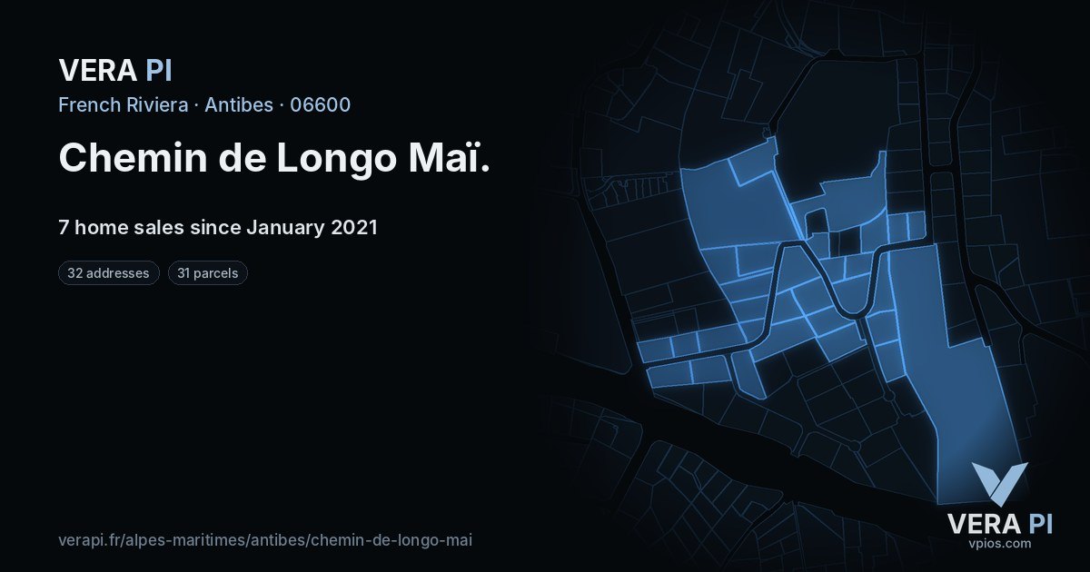 Chemin de Longo Maï, Antibes at night – every parcel coloured by the prices around it, the street's own parcels lit