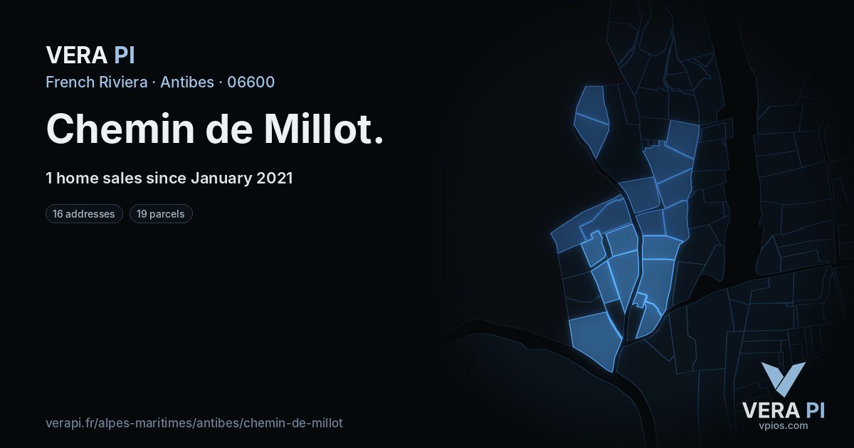 Chemin de Millot, Antibes at night – every parcel coloured by the prices around it, the street's own parcels lit