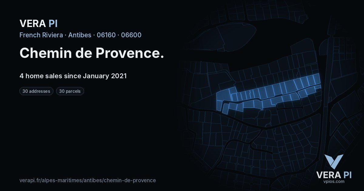 Chemin de Provence, Antibes at night – every parcel coloured by the prices around it, the street's own parcels lit