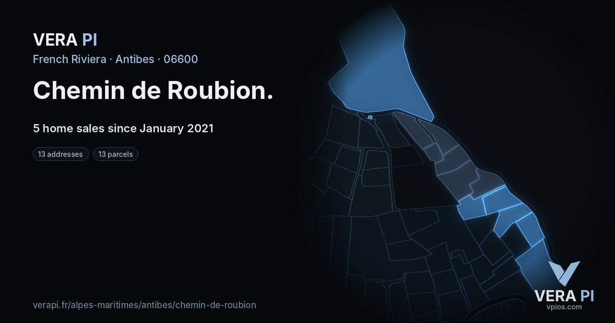 Chemin de Roubion, Antibes at night – every parcel coloured by the prices around it, the street's own parcels lit