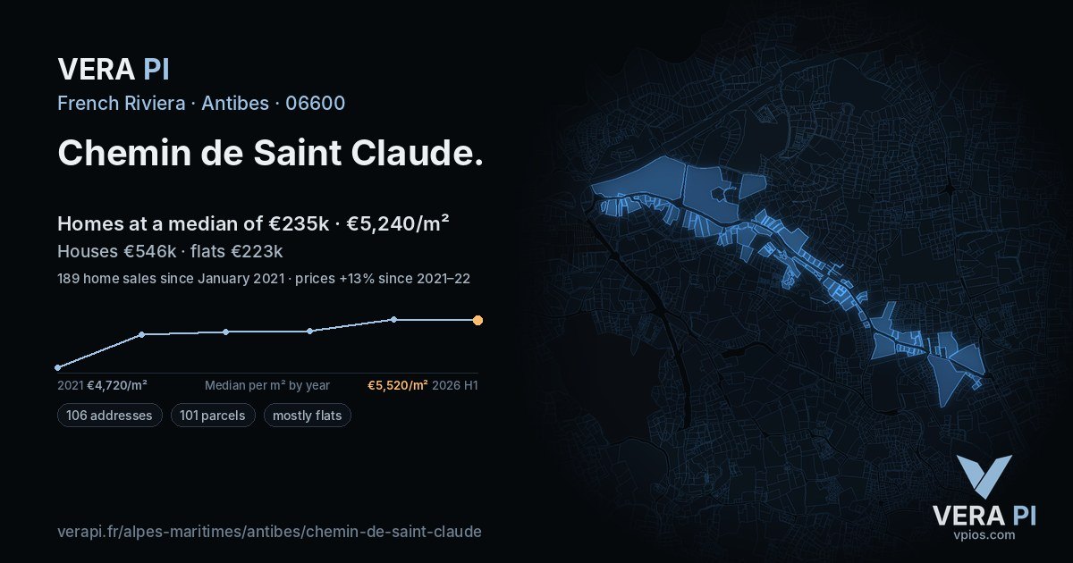 Chemin de Saint Claude, Antibes at night – every parcel coloured by the prices around it, the street's own parcels lit