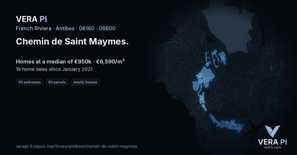 Chemin de Saint Maymes, Antibes at night – every parcel coloured by the prices around it, the street's own parcels lit