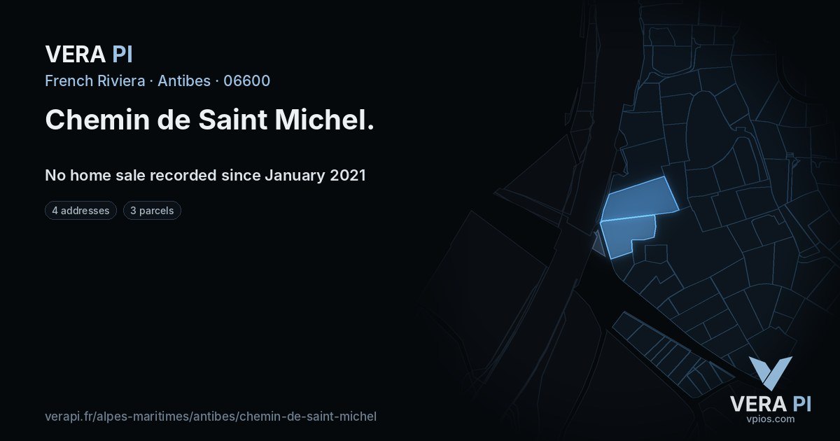 Chemin de Saint Michel, Antibes at night – every parcel coloured by the prices around it, the street's own parcels lit