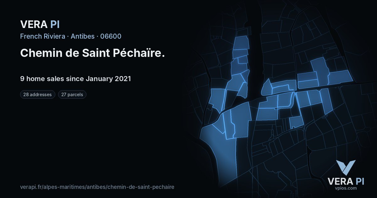 Chemin de Saint Péchaïre, Antibes at night – every parcel coloured by the prices around it, the street's own parcels lit