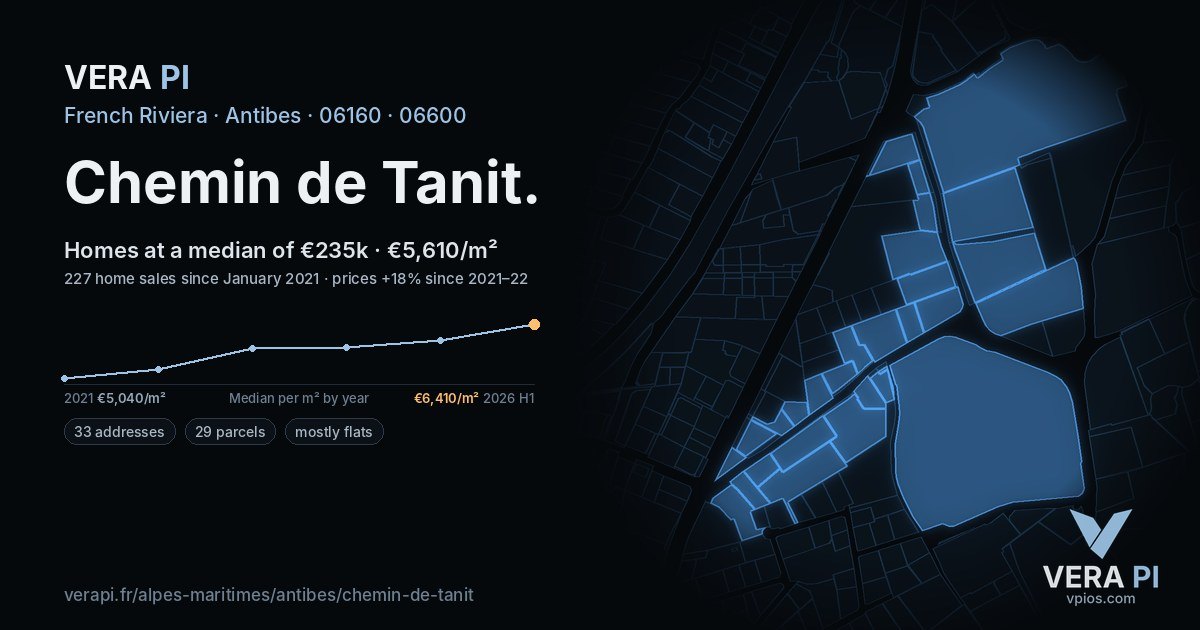 Chemin de Tanit, Antibes at night – every parcel coloured by the prices around it, the street's own parcels lit