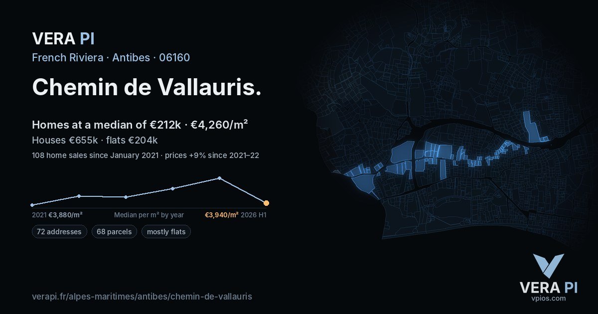 Chemin de Vallauris, Antibes at night – every parcel coloured by the prices around it, the street's own parcels lit